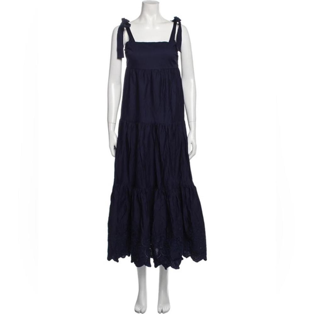 Jason Wu Tiered Embroidered Eyelet Maxi‎ Dress Women’s XS Shoulder Bow Ties Navy